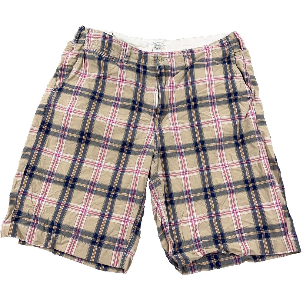 Vintage Y2K American Eagle Shorts Men 36 Tan Pink Tartan Plaid Loose Baggy Fit